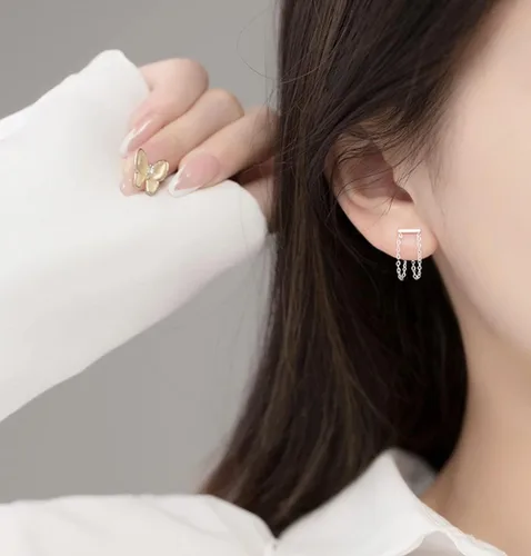 Vista 2 de Reffeer Solid 925 Sterling Silver Bar Tassel Chain Drop Earrings for Women Teens Bar Drop Earrings Minimalist Studs
