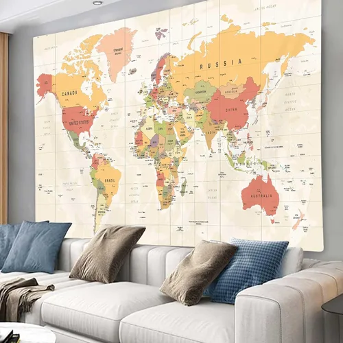 Vista 3 de ICTEISOM Tapiz de mapa del mundo para niños estudiantes, mapa del mundo con países y ciudades principales, tapiz de arte de pared póster tapices