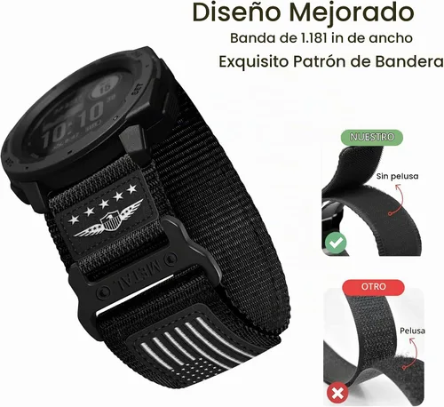 Vista 2 de Abanen Correa Táctica de Nylon Resistente para Garmin Instinct 3 45mm/ Instinct 2 Solar, Correa Deportiva con Bandera de Estrellas y Rayas para Negro