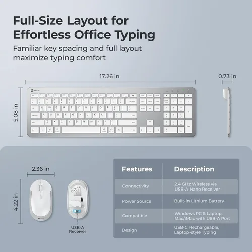Vista 8 de iClever Teclado y ratón inalámbricos, GK08 Combo de teclado y ratón blanco, ergonómico, silencioso, diseño de tamaño completo con teclado numérico