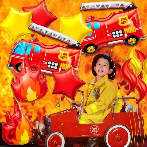 Vista 5 de Juego de 18 globos de camión de bomberos, decoraciones de fiesta de cumpleaños de bomberos con camión de bomberos, globos de estrella de llama