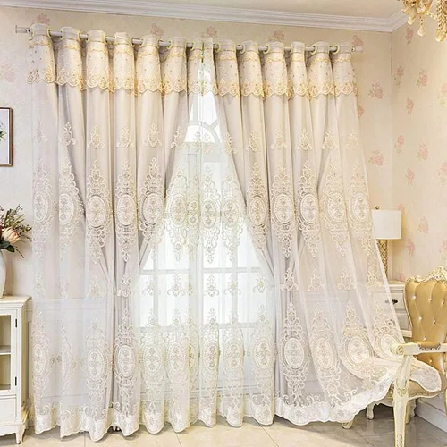 Vista 2 de Amidoudou 1 par de cortinas europeas de doble capa con cenefas para sala de estar, dormitorio, cortinas bordadas con flores 3D de lujo