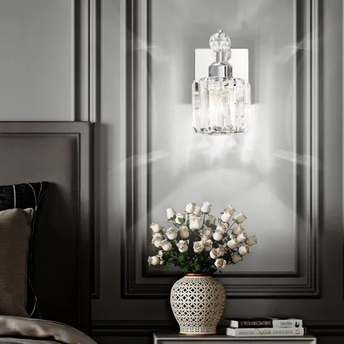 Vista 3 de PRESDE Aplique de pared de cristal único, lámpara de tocador cromada moderna, lámpara de pared de 1 luz para baño, dormitorio, pasillo