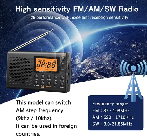 Vista 5 de Radio portátil AM/FM/onda corta, radios de bolsillo con pilas, pantalla digital grande, radio reloj con alarma y función de sueño, auriculares