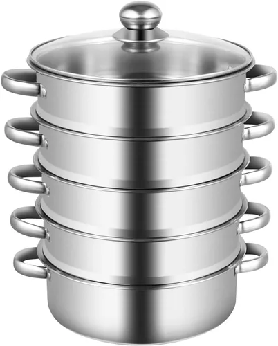 Vista 10 de Vaporizador de acero inoxidable de 5 niveles, olla de vapor para carne y verduras, olla de vapor con tapa de vidrio, acero inoxidable de grado