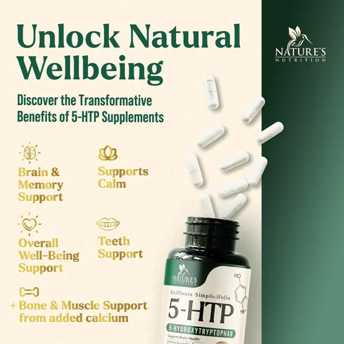 Vista 5 de 5 cápsulas de hidroxitriptófano – 180 mg por porción Suplemento 5 HTP más calcio para la salud cerebral y apoyo al sueño, fórmula extra fuerte