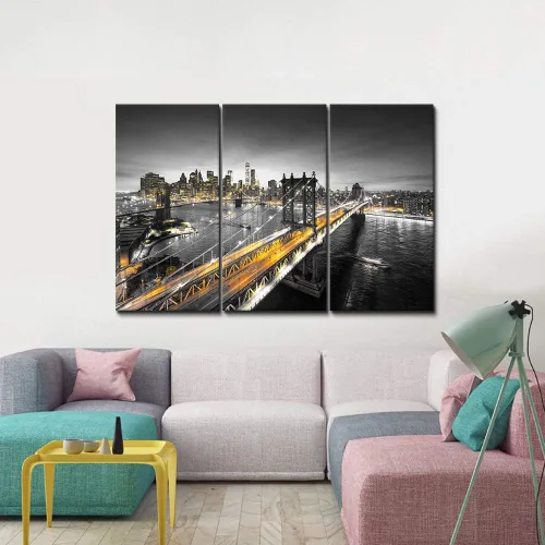 Vista 2 de SkenoArt 3 piezas de impresiones en lienzo con vista nocturna de Nueva York, imagen de paisaje urbano de Manhattan, arte de pared de puente