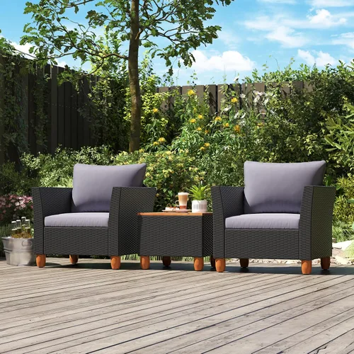 Vista 7 de COSTWAY Juego de muebles de ratán de 3 piezas, juego de sillas de mimbre para exteriores con mesa de centro de madera de acacia y cojín lavable