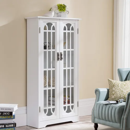 Vista 2 de SEI Furniture - Gabinete multimedia para ventana - Blanco - Diseño de transición, vidrio blanco y madera - Ideal para oficina en casa, sala de estar