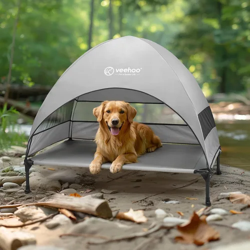 Vista 7 de Veehoo Cama para perros con dosel para exteriores, cuna elevada para mascotas con toldo extraíble y enfriamiento, pies antideslizantes, cuna elevada