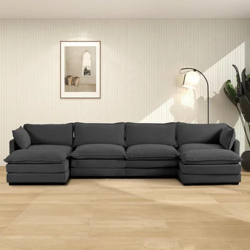 Vista 16 de ROWHY Sillón individual con otomano, sofá moderno de corduroy en forma de nube con chaise convertible, sofá tapizado para sala de estar, beige