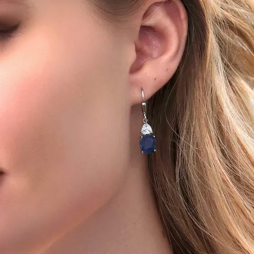 Vista 3 de Gem Stone King Aretes colgantes de plata de ley 925 con zafiro azul y moissanita blanca para mujer