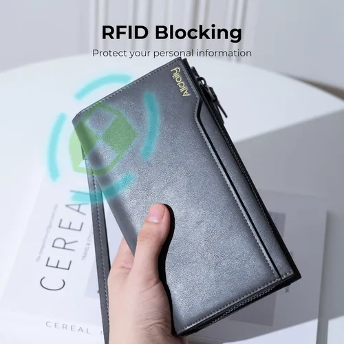 Vista 2 de Alldialy RFID 24 - Cartera para tarjetas de crédito, cartera de pulsera de gran capacidad para mujer con cremallera, Gris