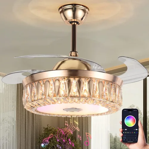 Vista 9 de A Million Ventilador de techo moderno con luz y control remoto, ventiladores de techo retráctiles dorados de 42 pulgadas con altavoz Bluetooth de 3