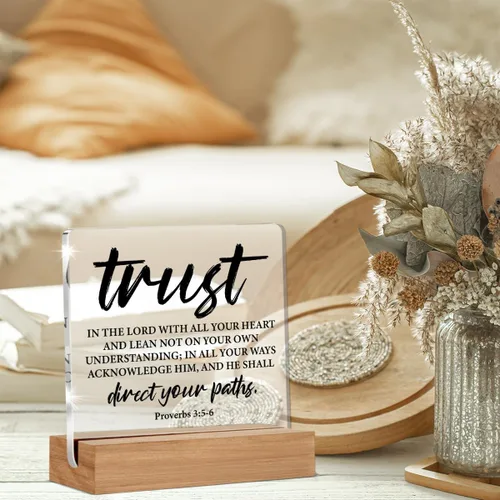 Vista 5 de Regalos de versículo bíblico cristiano para mujeres y hombres, letrero acrílico con frase de Proverbios Trust in The Lord Scripture con soporte