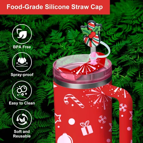 Vista 2 de Tapa superior de pajita de silicona de Navidad para vaso Stanley Cup de 30 y 40 oz, accesorios para termos, tapas de cubierta a prueba de polvo