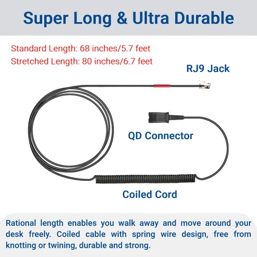 Vista 6 de Adaptador U10P-S RJ9 a QD HIS Cable para auriculares de desconexión rápida Plantronics Cable de bobina compatible con Yealink T20P T21P T26P T23G