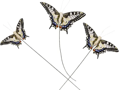 Vista 5 de Juego de 12 decoraciones de mariposa de plumas y mariposas multicolores, mariposas papilio machaon en alambre. Decoración del hogar de primavera