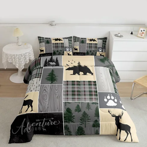 Vista 2 de Juego de edredón de cabaña rústica navideña, juego de ropa de cama estilo rústico con diseño de osos y ciervos, tamaño completo, patchwork Multi 08