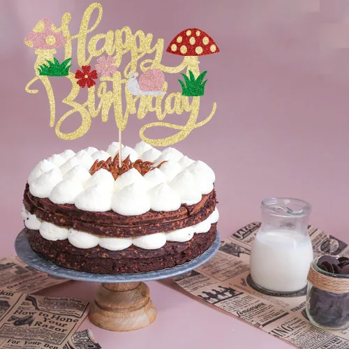 Vista 5 de Kaoenla Decoración para tartas de hongos con purpurina, hongos y flores en primavera, el tema, decoraciones de feliz cumpleaños para niñas y niños