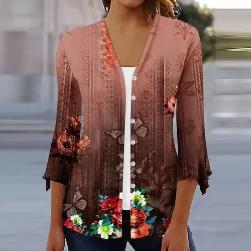 Vista 2 de Workout Tops for Women Fall Fashion Trendy Long Lantern Sleeve Open Front T Shirts Casual Button Down Floral Printed Blouse