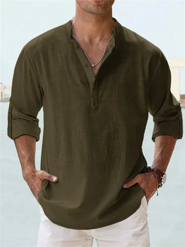 Vista 2 de Camisas de lino para hombre, de manga larga, con botones, de algodón, lino, talla grande, cuello de banda, color sólido, camisa de playa