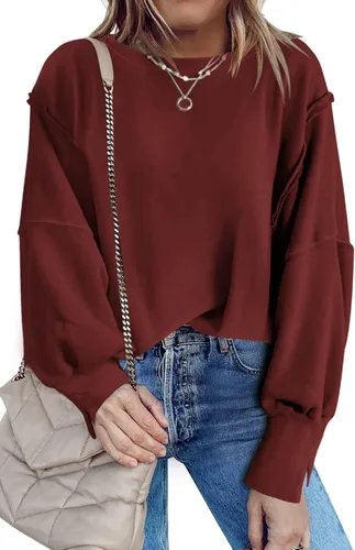 Vista 2 de Nirovien Sudadera de cuello redondo de gran tamaño para mujer, con abertura lateral, manga larga, ajuste holgado