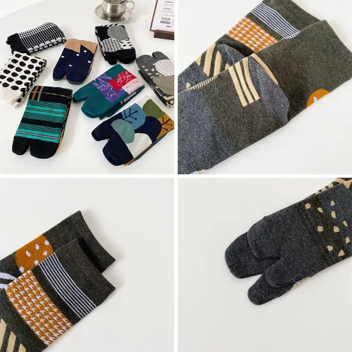 Vista 4 de Calcetines de dedo del pie para mujer, calcetines con estampado de chanclas, calcetines cálidos Tabi, calcetines de dos dedos del pie, 5 pares