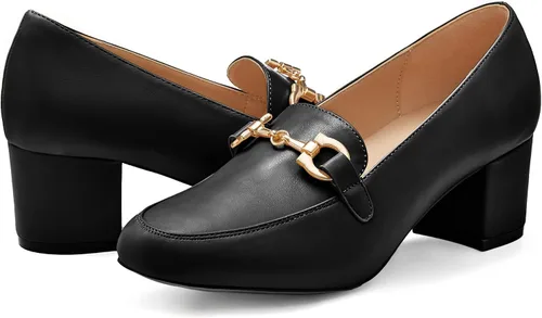 Vista 2 de Zapatos de tacón bajo de cadena para mujer, tacón grueso, cuadrados, puntera cerrada, cómodos, de cuero, elegantes, casuales, para fiestas, trabajo