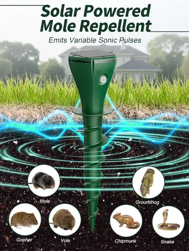 Vista 2 de Mole Repellent Solar Powered for Lawns,Waterproof Gopher & Groundhog Repellent with Variable Sonic Vbration,Easy Twist Stakes for Yard & Garden,Get