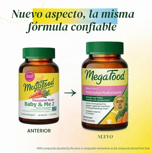Vista 2 de MegaFood Baby & Me 2 vitaminas posnatales para mujeres con moringa, 60