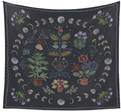Vista 9 de LINICE Tapiz de plantas, tapiz de fase lunar de la naturaleza para colgar en la pared, tapiz bohemio de mandala estético para decoración