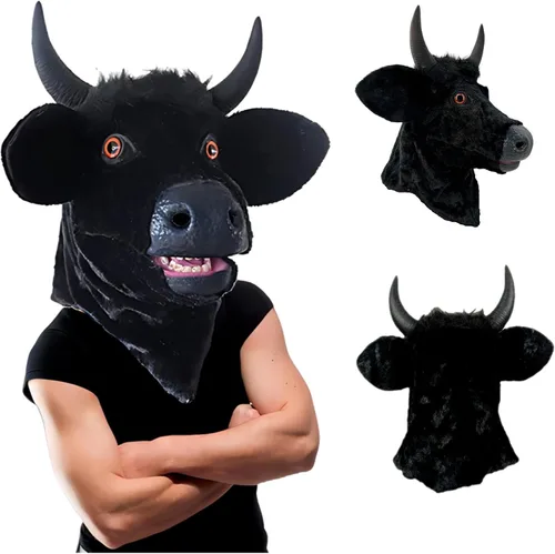Vista 4 de Máscara de toro, cuerno de buey, boca aterradora, mandíbula en movimiento, vaca, traje de animal realista, disfraz peludo para Halloween, mascarada