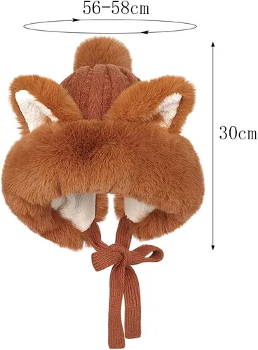 Vista 11 de Gorro de invierno de piel sintética para mujer, con orejas de gato de zorro, con orejera, pompón, sombrero de trampero de felpa cálida rusa