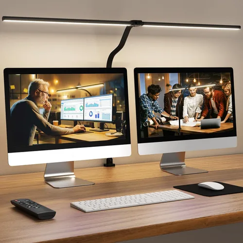 Vista 6 de lámpara LED de escritorio con base - brillante lámpara de computadora regulable con soporte para teléfono, luz de escritorio flexible de 24W