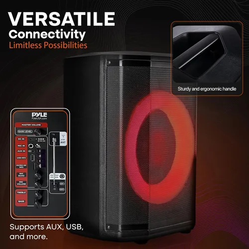 Vista 5 de Pyle Altavoz Bluetooth Portátil con Woofer de 8 Pulgadas, Función TWS, Entrada de Micrófono, USB/Micro SD/Radio FM, Luces de Anillo Coloridas, 120W