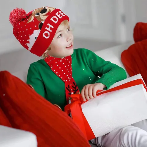 Vista 7 de Gorros de Navidad con luz LED, bufanda de punto, gorro de Navidad para adultos y niños, gorro de Navidad cálido para invierno