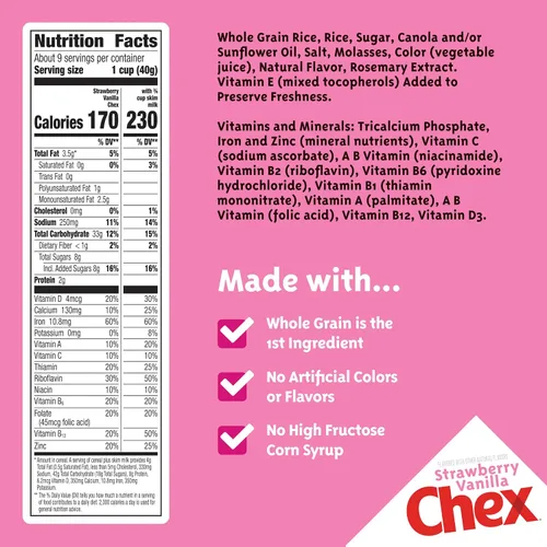 Vista 2 de Cereal Chex de Fresa y Vainilla, cereales para el desayuno sin gluten, hechos con grano integral, 12.4 onzas