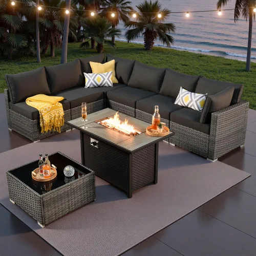 Vista 46 de ovios Juego de muebles de patio al aire libre de 5 piezas con mesa de café, conjunto seccional de muebles de patio con sofá de mimbre para todo tipo
