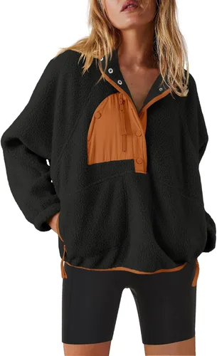 Vista 13 de Nirovien - Chaqueta de forro polar con capucha para mujer, manga larga, sherpa, sudadera mullida, abrigada, con botones y bolsillos Un rosa