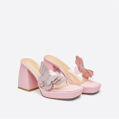 Vista 3 de NEWBELLA Sandalias de tacón alto de mariposa con diamantes de imitación, tacones gruesos con punta cuadrada abierta, pantuflas de verano sin