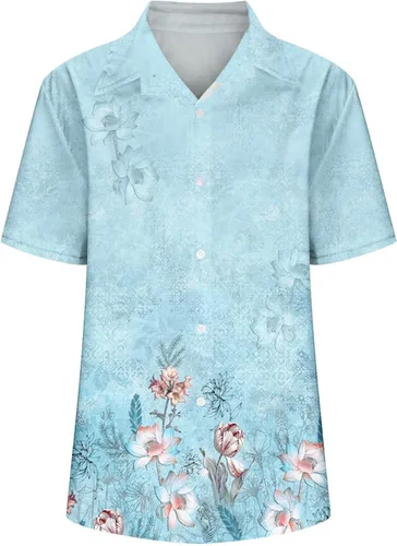 Vista 2 de Blusas florales de verano para mujer, camisas elegantes de manga corta con botones y solapa, básicas, casuales, holgadas, camisetas