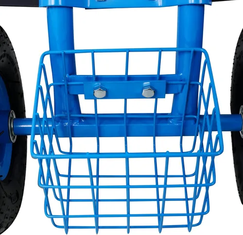 Vista 4 de Patinete con ruedas para carrito de jardín, cuenta con mango de dirección extensible, asiento giratorio y bandeja de herramientas (Azul)