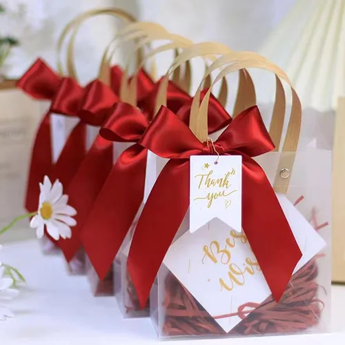 Vista 8 de ZSMSTW 5 bolsas de regalo de PVC transparente con asas, bolsas de plástico reutilizables para regalos de boda, fiesta de cumpleaños, bolsas de Matcha