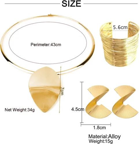 Vista 2 de FUNOJOY Conjuntos de joyas africanas para mujer, gargantilla dorada, brazalete, aretes geométricos, juego de collar punk elegante para mujer