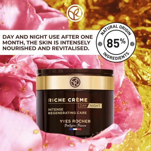 Vista 6 de Yves Rocher Crema hidratante facial Riche Crème Envejecimiento y piel madura, Crema de día y noche con aceites preciosos, para piel madura + piel