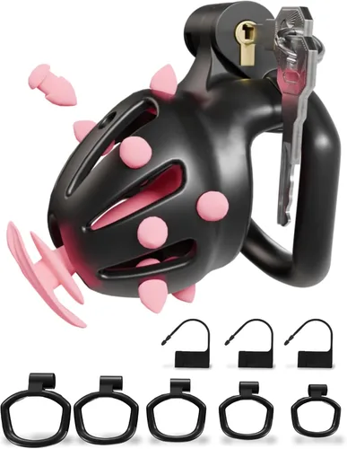 Vista 8 de Cobra Chastity Cage for Men, Invisible Lock, 5 Ball Rings (Pink, XS) Spiked cobra design, lightweight 3D printed open structure, breathable