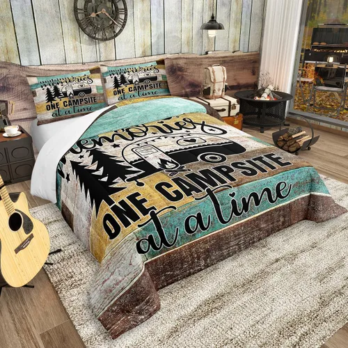 Vista 2 de Juego de ropa de cama con temática de cámper, juego de edredón de cabaña de madera marrón y verde, tamaño matrimonial, 3 piezas, decoración de Multi