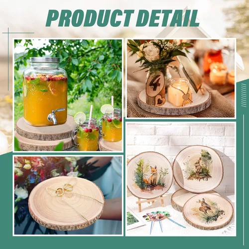 Vista 4 de 20 piezas redondas de madera para centros de mesa, corteza de árbol rústico sin terminar, rebanadas de madera natural para bodas, regalos