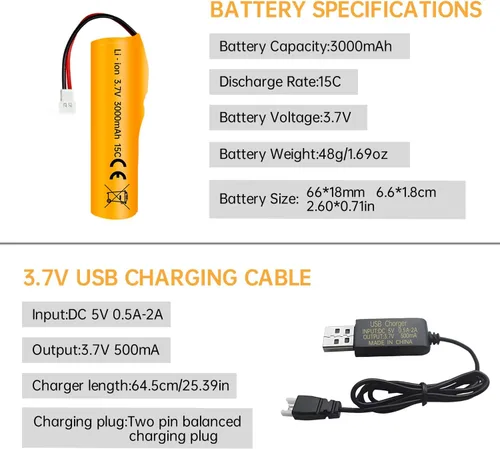 Vista 2 de Batería de iones de litio de 3.7 V 3000 mAh con enchufe Molex con cable de carga USB para RC Engineering Car Drift Car Truck Off-Road Vehículo RC
